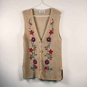 Jantzen Classics Vintage Crochet Sweater Vest Hand Embroidered Floral Tan Boho
